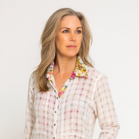 Aratta Silent Journey Button Down Sheer Plaid & Floral Blouse White Pink - Picture 13 of 13